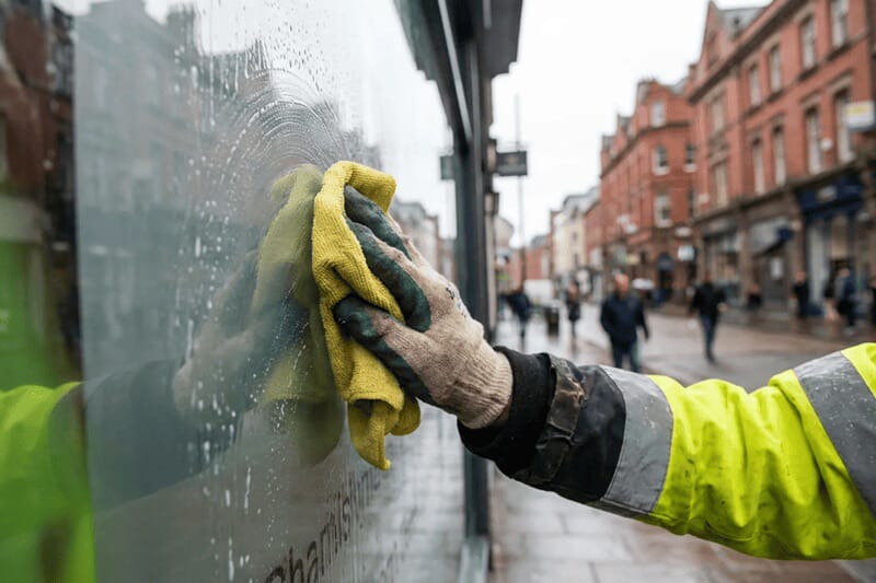 An image of someone washing a sign with a cloth.